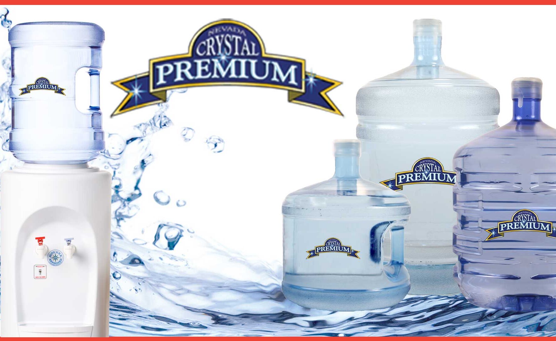 purified-productpg-header Assorted sizes of Crystal Premium water bottles and dispenser are displayed against a water splash background.