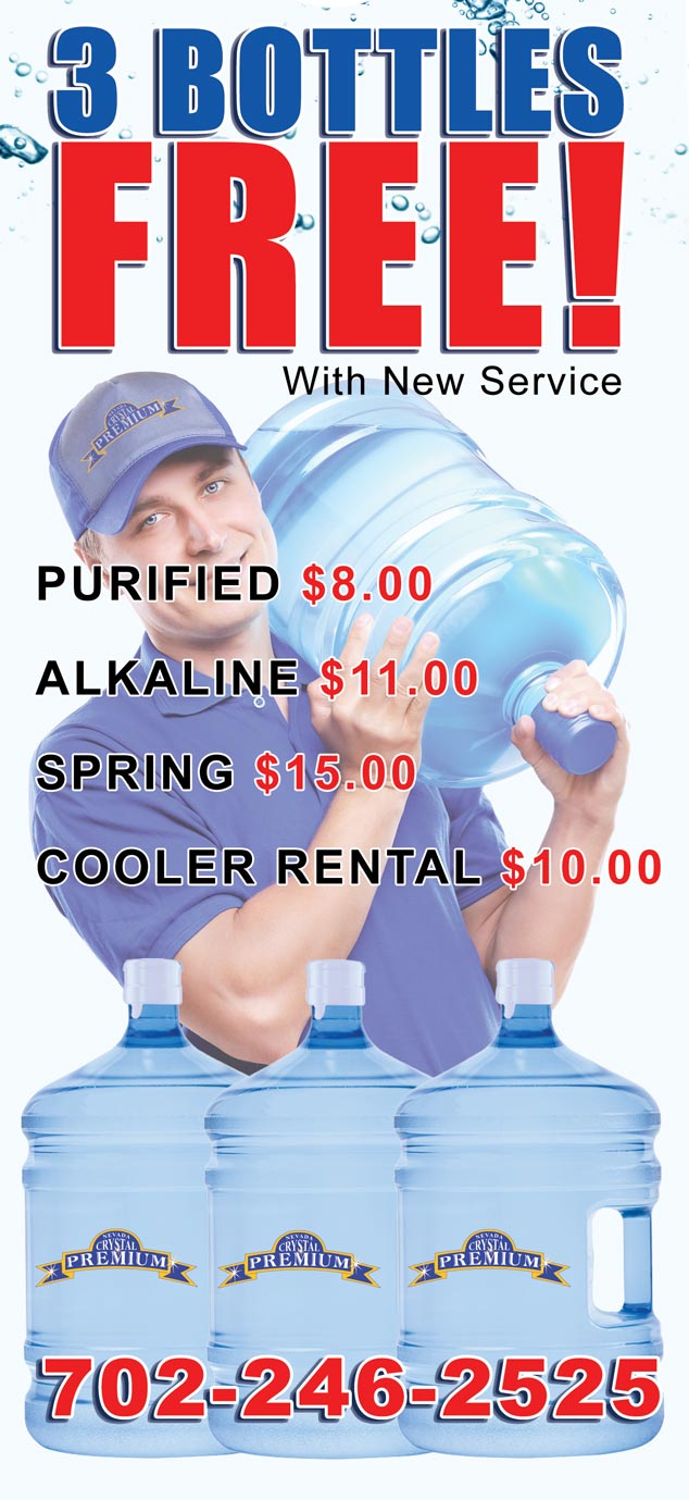 A man carries a large water jug. Text advertises free bottles with new service, prices for purified, alkaline, and spring water, cooler rental, and a phone number.