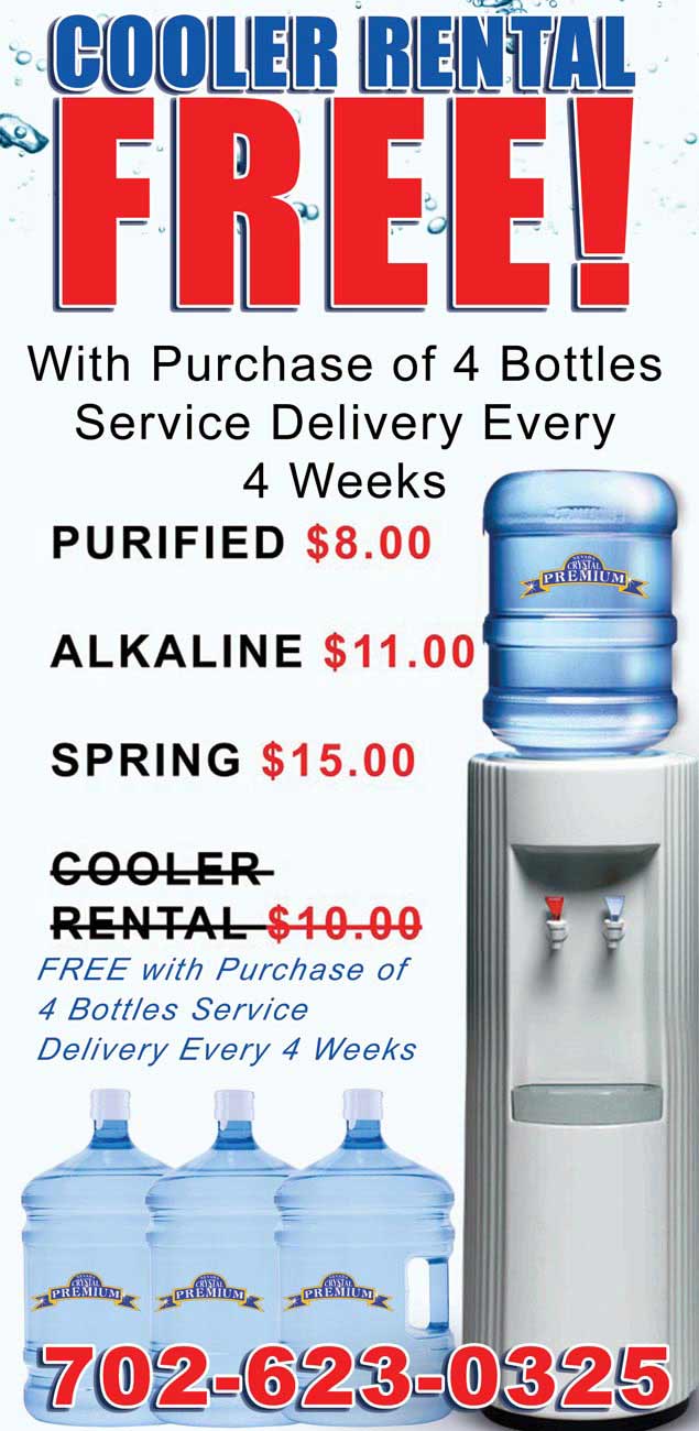 Advertisement for a free water cooler rental with the purchase of 4 bottles delivered every 4 weeks; prices for purified, alkaline, and spring water are listed.