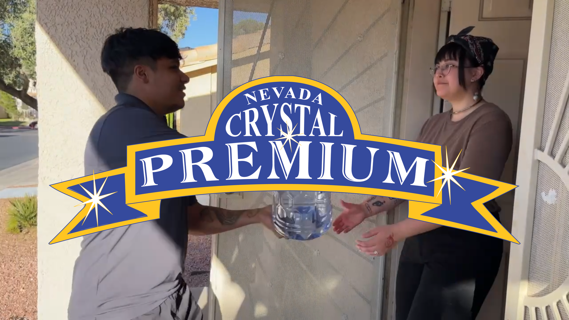 Still 2026-05-26 120132_5.1.1 A person delivers a large water jug to another person at a doorstep with a Nevada Crystal Premium logo overlaid on the image.