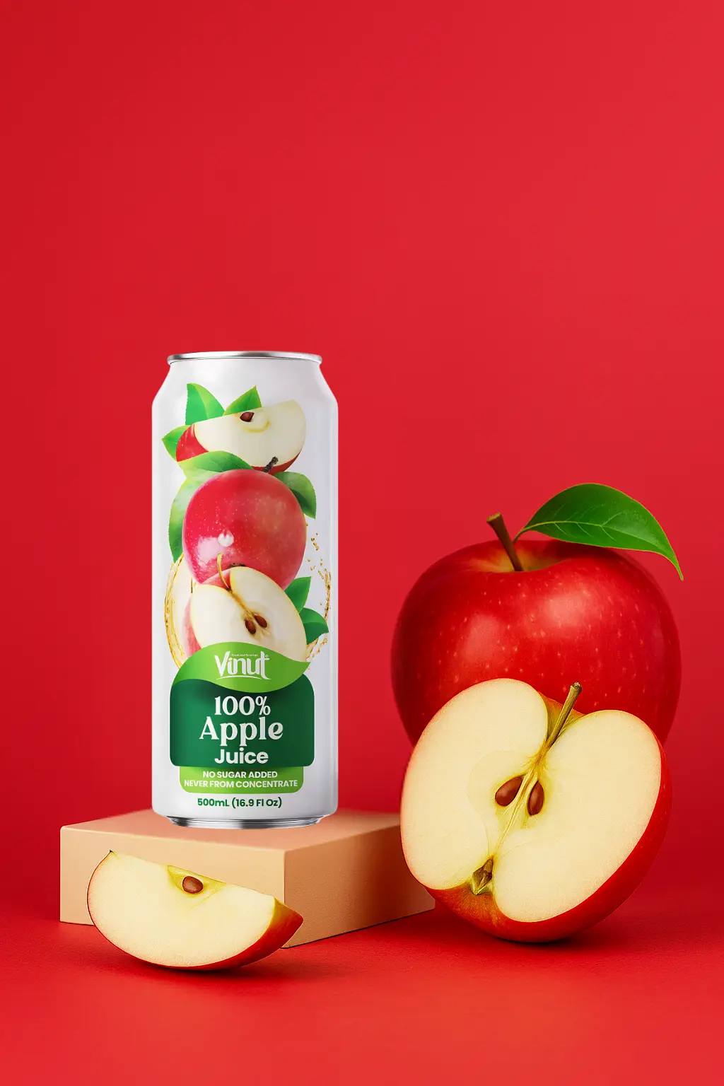Apple-VINUT-100-Real-Fruit-Juice-No-Sugar-Added-Tropical-Organic-Non-GMO-Drink-Vinut-Now-38365480943865 A can of 100% apple juice is displayed next to a whole red apple and two apple slices on a red background.