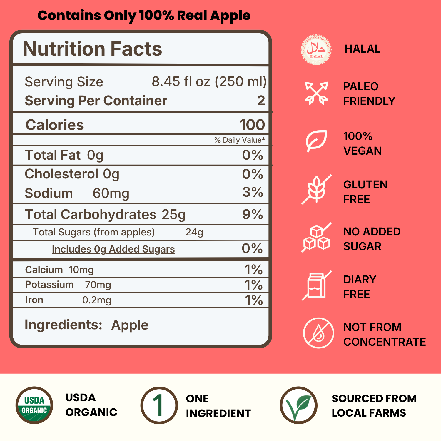 Apple_Nutrition_Facts Nutrition facts label for apple juice with 100 calories per serving, ingredient list, dietary icons, and certifications, highlighting it's made from 100% real apple, organic, and locally sourced.