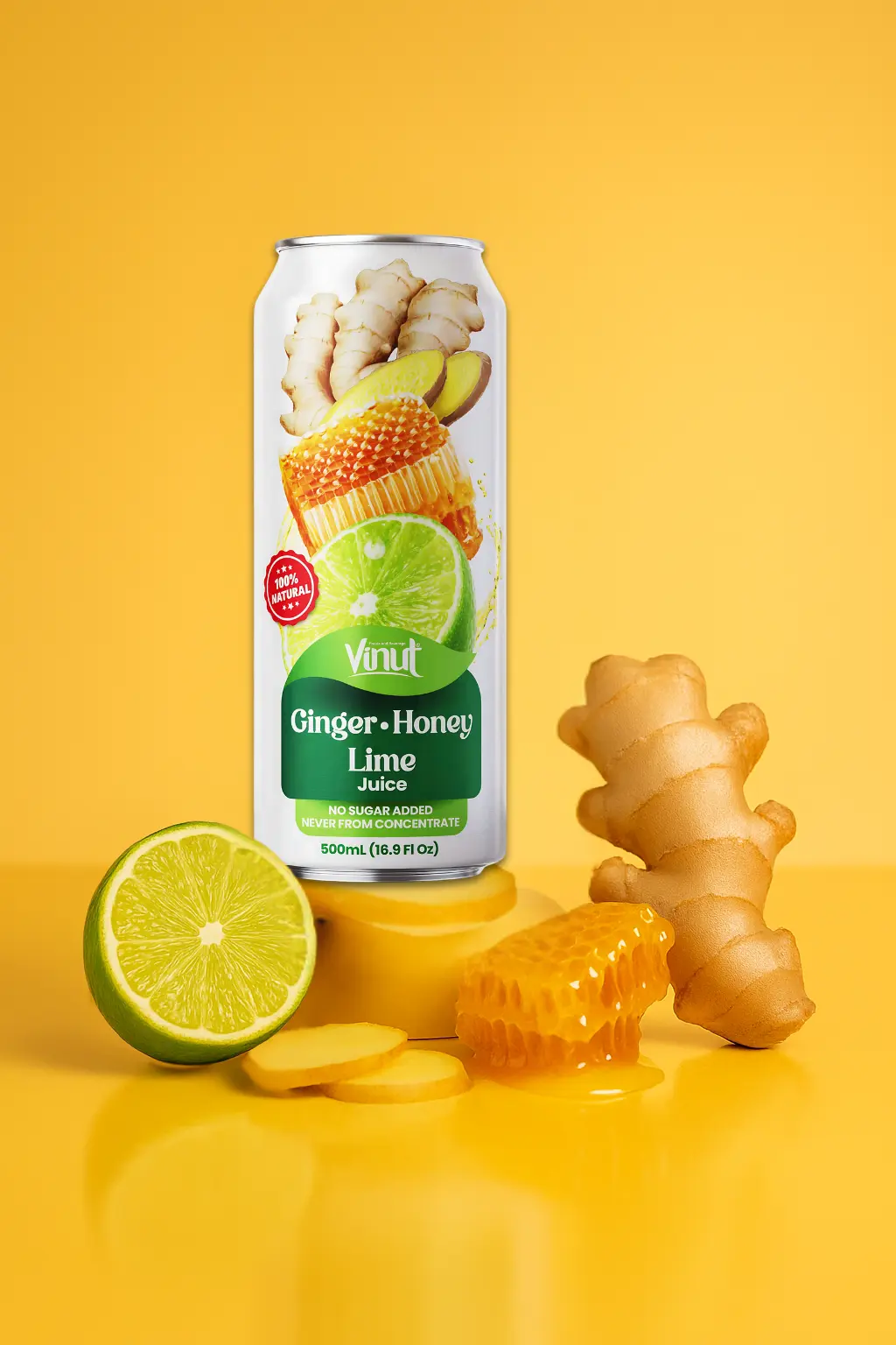 Ginger-Honey-Lime-VINUT-100-Real-Fruit-Juice-No-Sugar-Added-Tropical-Organic-Non-GMO-Drink-Vinut-Now-38345325084921 A can of Vinut Ginger-Honey Lime Juice is displayed on a yellow surface with fresh ginger, a halved lime, and honeycomb in front.