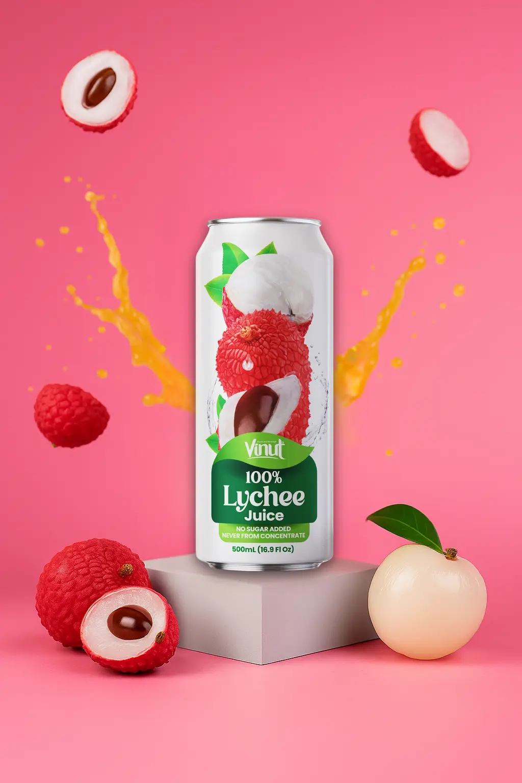 Lychee-VINUT-100-Real-Fruit-Juice-No-Sugar-Added-Tropical-Organic-Non-GMO-Drink-Vinut-Now-38344098513145 A can of Vinut 100% Lychee Juice is displayed on a pedestal with whole and cut lychees around it and juice splashing in the background against a pink backdrop.