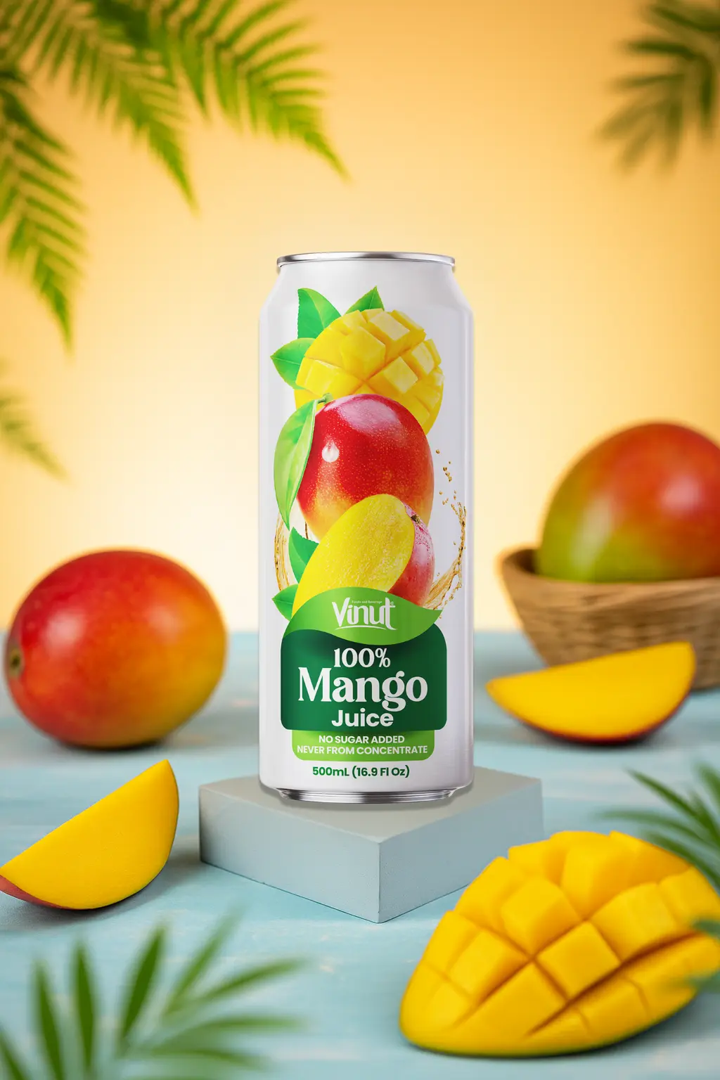 Mango-VINUT-100-Real-Fruit-Juice-No-Sugar-Added-Tropical-Organic-Non-GMO-Drink-Vinut-Now-Vinut A can of Vinut 100% Mango Juice is displayed on a pedestal, surrounded by fresh mangoes and mango slices on a blue surface, with leaves and a basket in the background.
