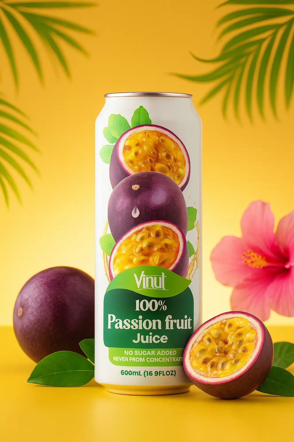 Passion-Fruit-VINUT-100-Real-Fruit-Juice-No-Sugar-Added-Tropical-Organic-Non-GMO-Drink-Vinut-Now-38352521986297 A can of Vinut 100% Passion Fruit Juice is displayed with fresh passion fruits, a pink hibiscus flower, and green leaves against a yellow background.