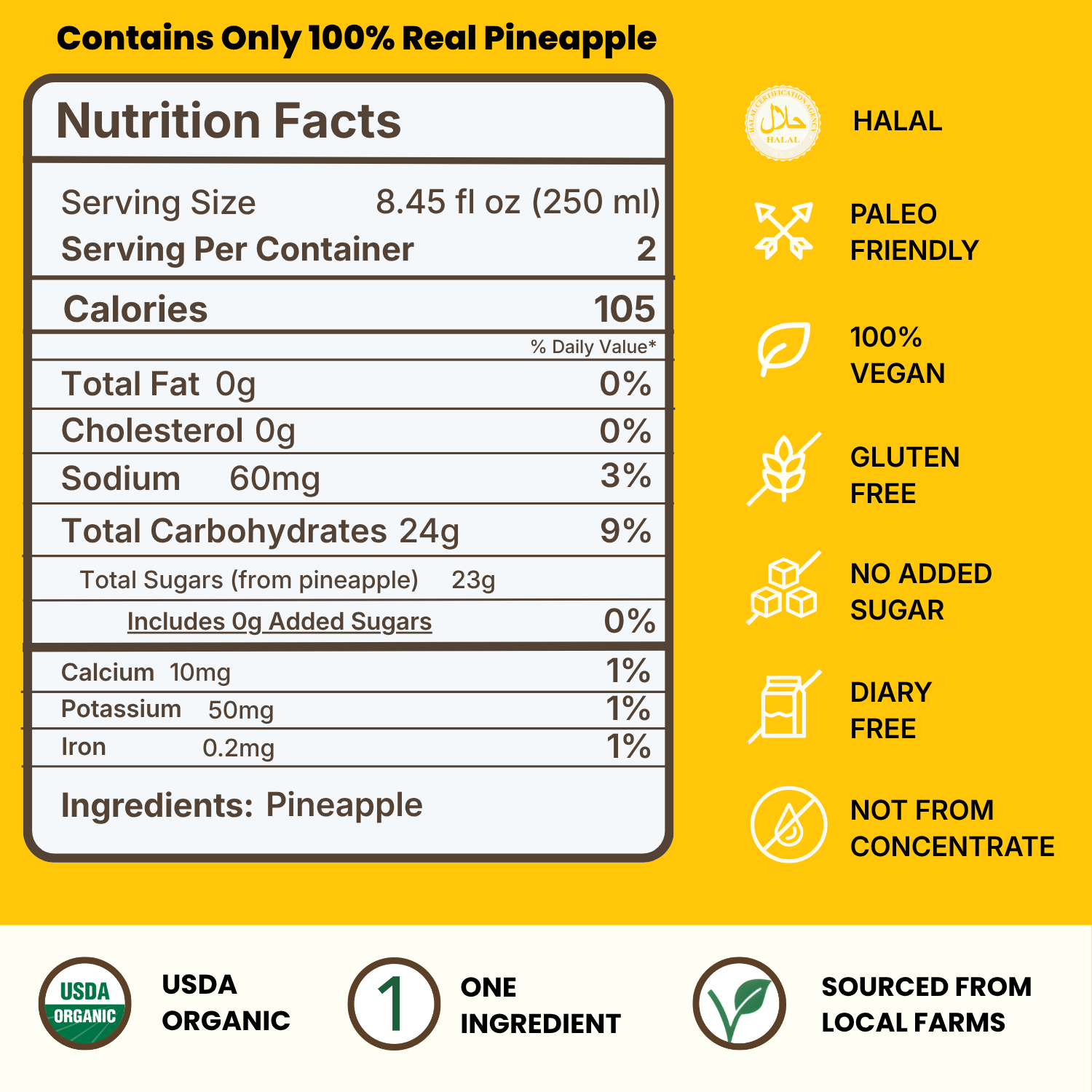 Pineapple_Nutrition_Facts Nutrition facts label for pineapple juice, highlighting it is 100% real pineapple, USDA organic, sourced from local farms, and free from gluten, dairy, and added sugar.
