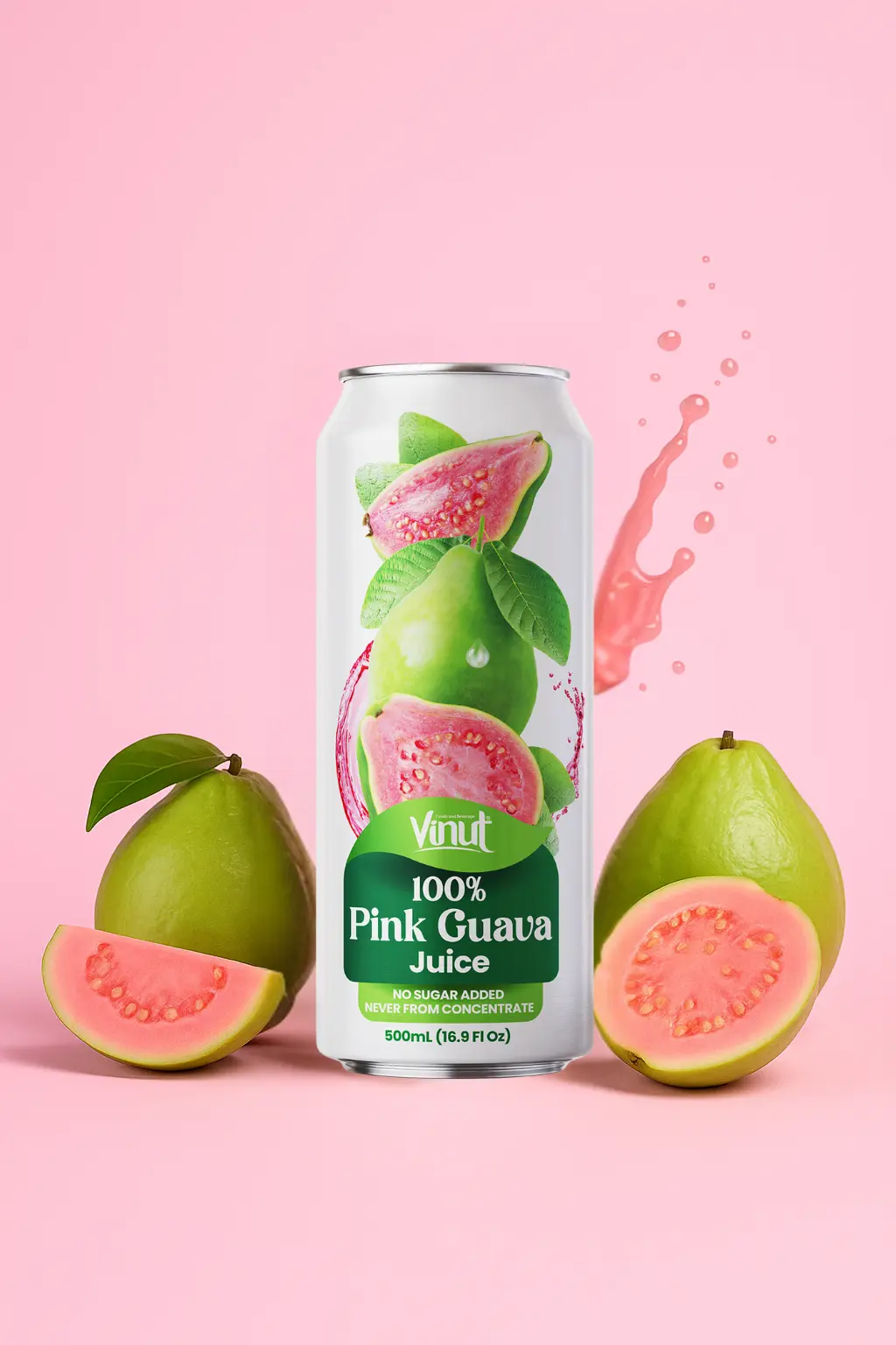 Pink-Guava-VINUT-100-Real-Fruit-Juice-No-Sugar-Added-Tropical-Organic-Non-GMO-Drink-Vinut-Now-38344228503801 A can of Vinut 100% Pink Guava Juice is displayed with whole and sliced pink guavas on a pink background, with juice splash effects beside the can.