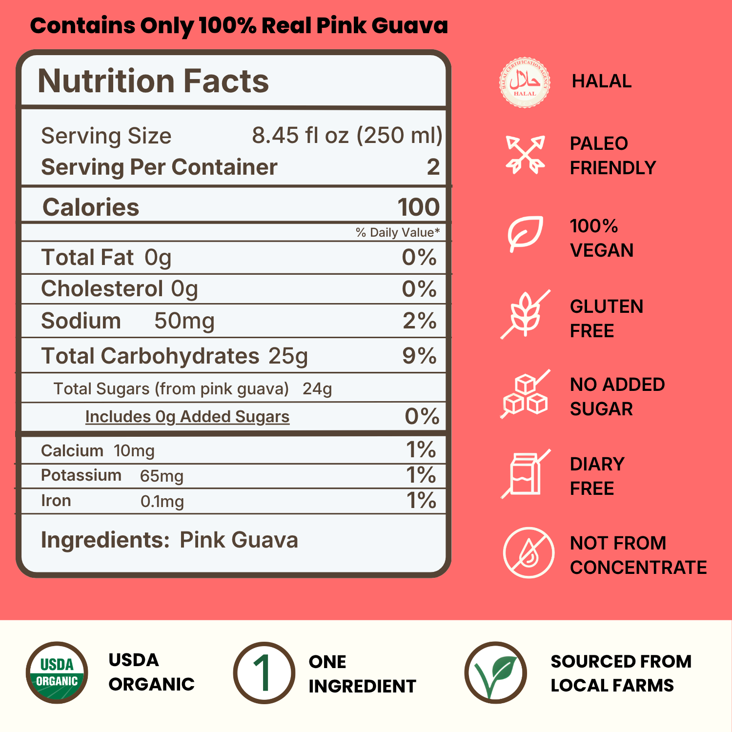 Pink_Guava_Nutrition_Facts Nutrition label for pink guava juice with health claims: halal, paleo, vegan, gluten free, no added sugar, dairy free, not from concentrate; USDA organic and sourced from local farms.