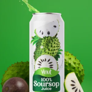 A can of Vinut 100% Soursop Juice with sliced soursop fruit and a whole passion fruit arranged on a green background. Juice is splashing from the top of the can.