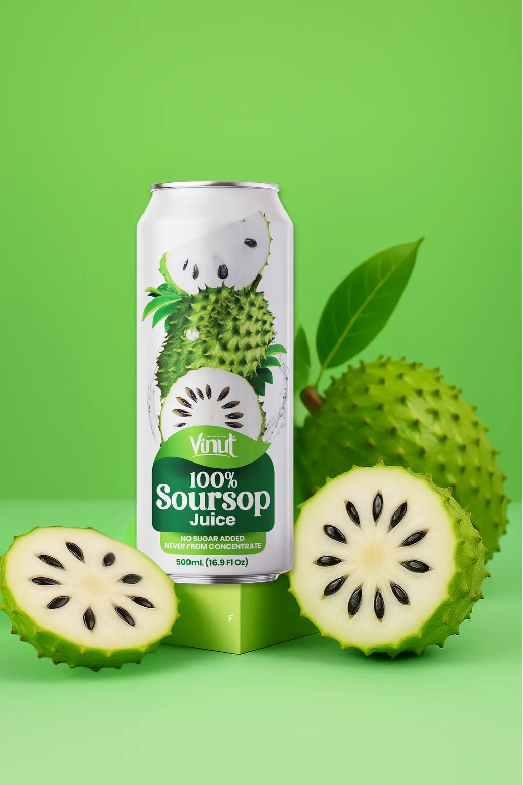Soursop-VINUT-100-Real-Fruit-Juice-No-Sugar-Added-Tropical-Organic-Non-GMO-Drink-Vinut-Now-38353360126201 A can of Vinut 100% Soursop Juice is displayed with whole and sliced soursop fruit against a green background.