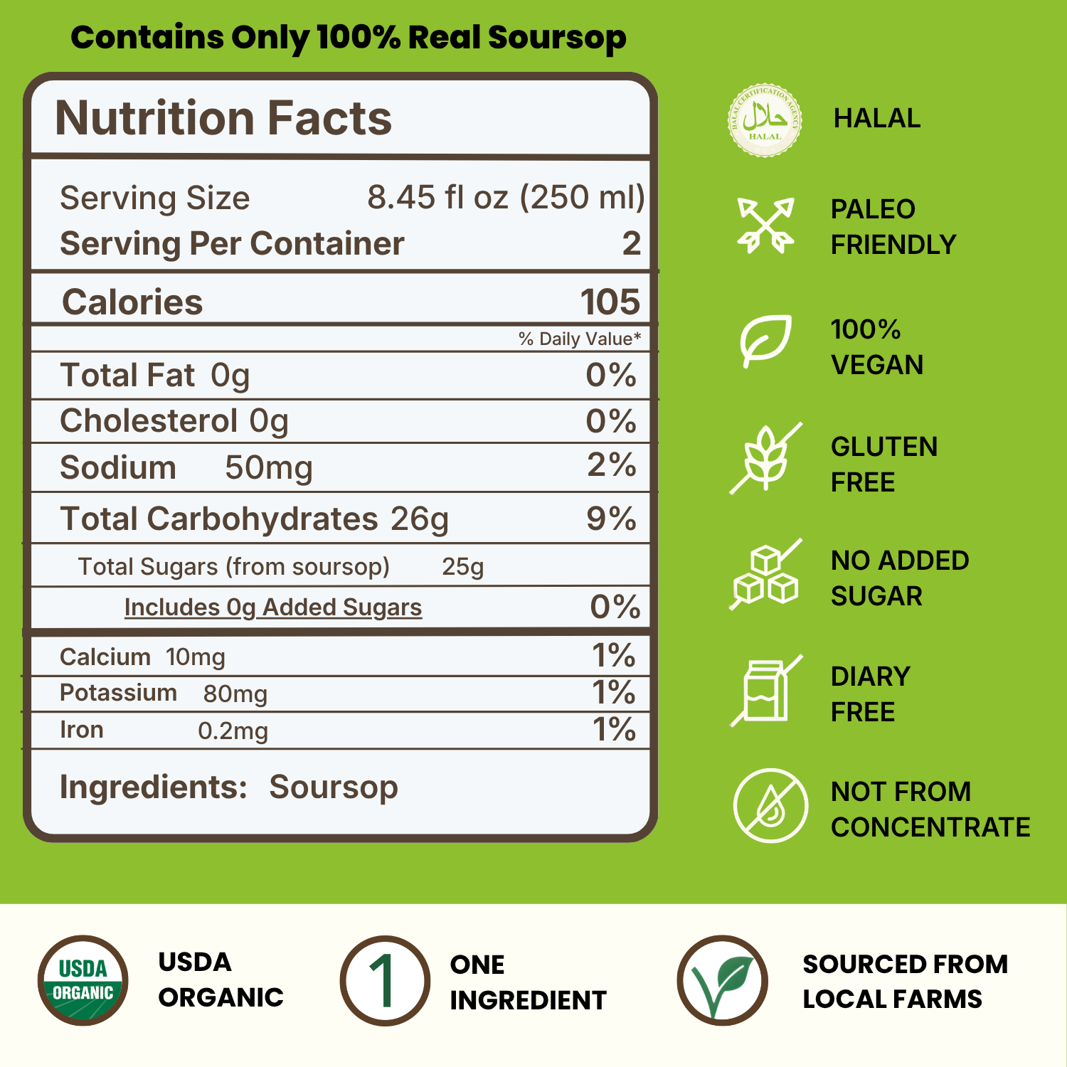 Soursop_Nutrition_Facts Nutrition facts label for soursop juice with icons indicating it is halal, paleo friendly, gluten free, dairy free, no added sugar, USDA organic, one ingredient, and sourced from local farms.