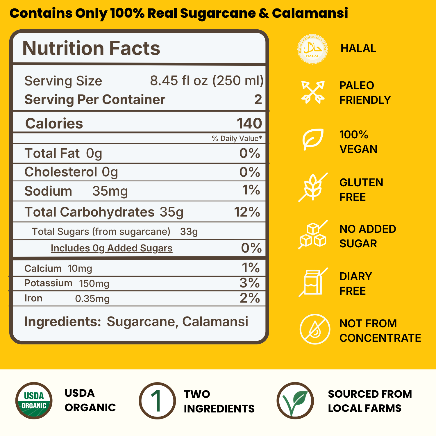 Sugarcane_Nutrition_Facts Nutrition label for a drink made with sugarcane and calamansi. Highlights include 140 calories per serving, organic certification, and various dietary claims such as gluten-free and no added sugar.