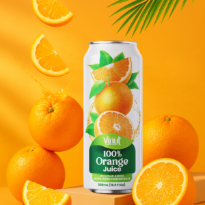 A can of Vinut 100% Orange Juice is surrounded by whole and sliced oranges on an orange background, with a palm leaf visible in the corner.