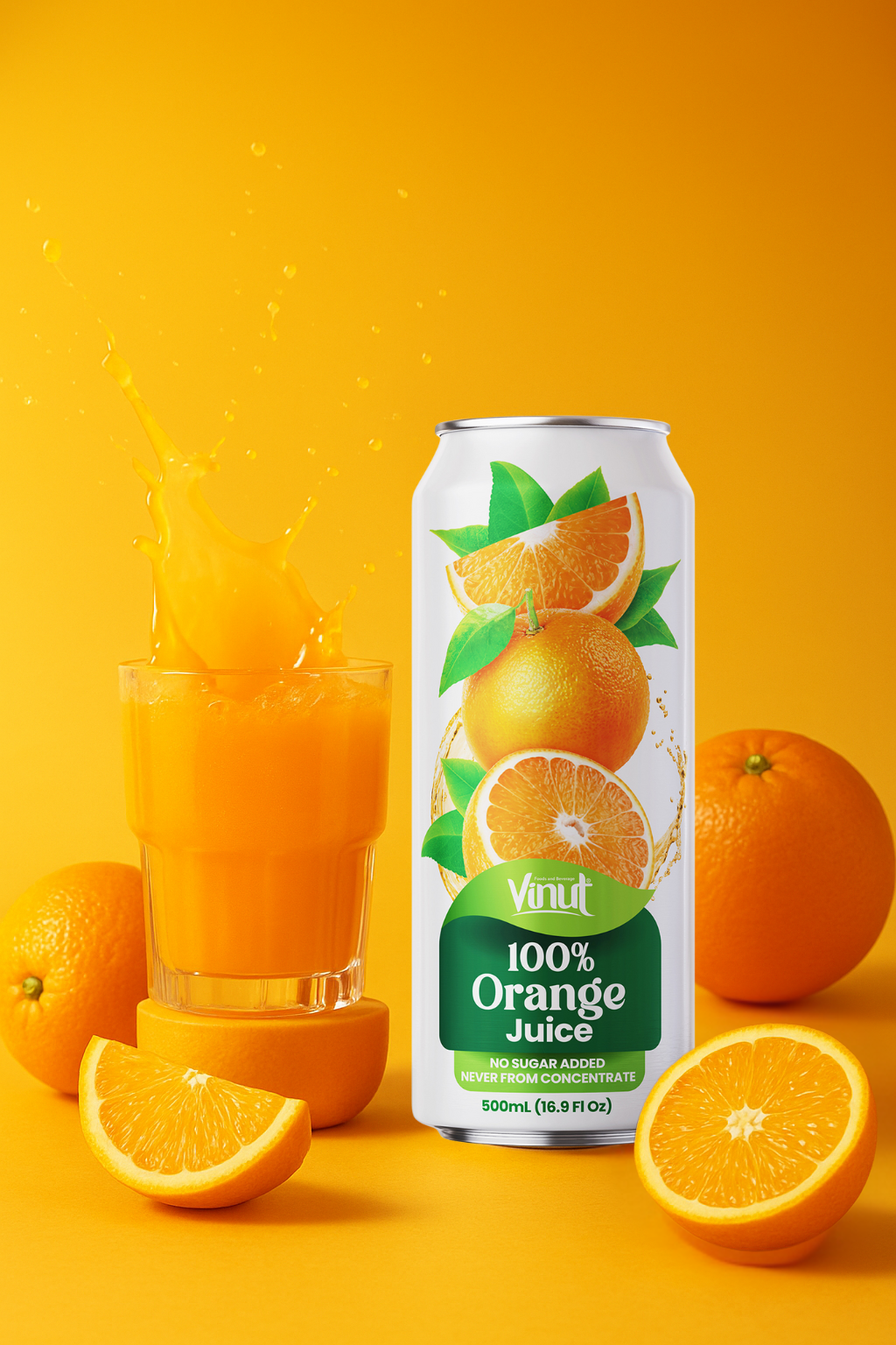 Untitled_design_-_2025-10-01T212324.840 A can of Vinut 100% Orange Juice is displayed next to a glass of orange juice with a splash, surrounded by whole and sliced oranges on an orange background.