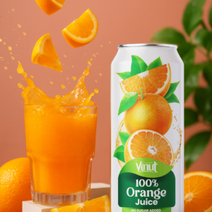 A can of Vinut 100% Orange Juice next to a glass of orange juice with orange slices and splashes, surrounded by fresh orange halves and leaves.