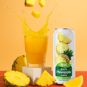 A glass of pineapple juice splashes with pineapple cubes above, next to a can labeled "100% Pineapple Juice" and fresh pineapple slices on an orange background.