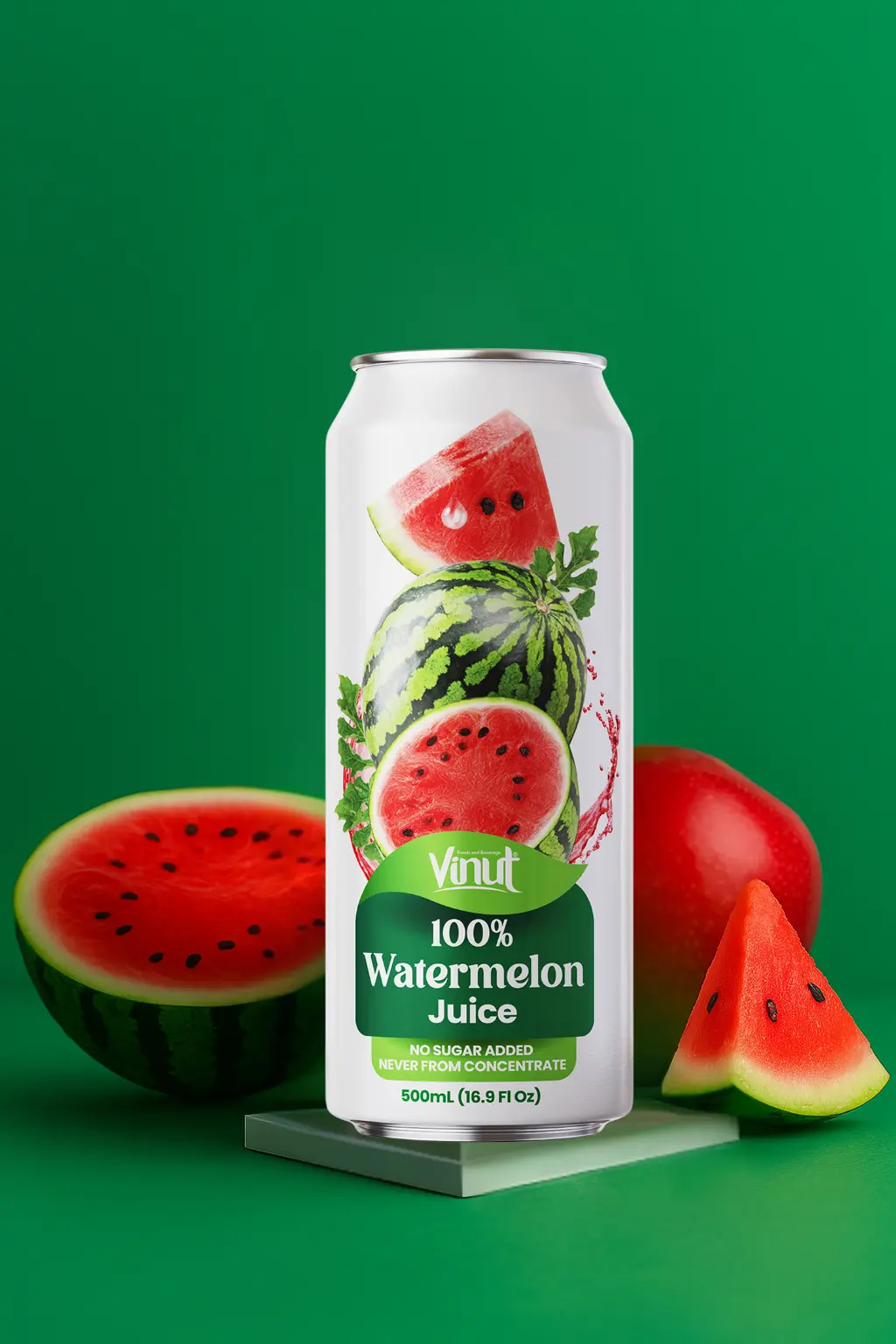 Watermelon-VINUT-100-Real-Fruit-Juice-No-Sugar-Added-Tropical-Organic-Non-GMO-Drink-Vinut-Now-38366586863865 A can of Vinut 100% Watermelon Juice is displayed with fresh watermelon slices and a whole watermelon against a green background.