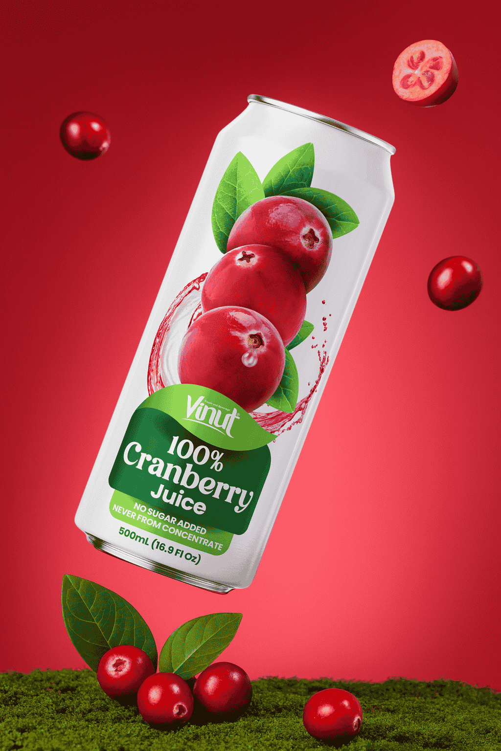 cranberry_2 A can of Vinut 100% Cranberry Juice with cranberries and leaves against a red background. The label states “No sugar added, never from concentrate, 500ml (16.91 fl oz).”.