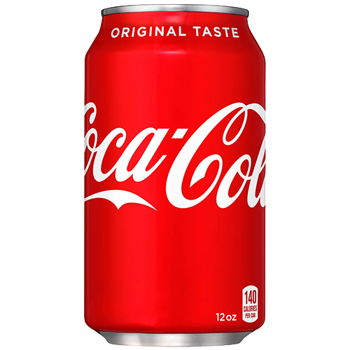 Coke Transparent A red 12-ounce Coca-Cola can with white logo text, "Original Taste" at the top, and "140 calories per can" displayed near the bottom.
