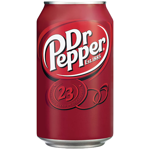 Dr Pepper Transparent A red can of Dr Pepper soda with the logo, established year 1885, and "23 authentic blend of flavors" text on the front.