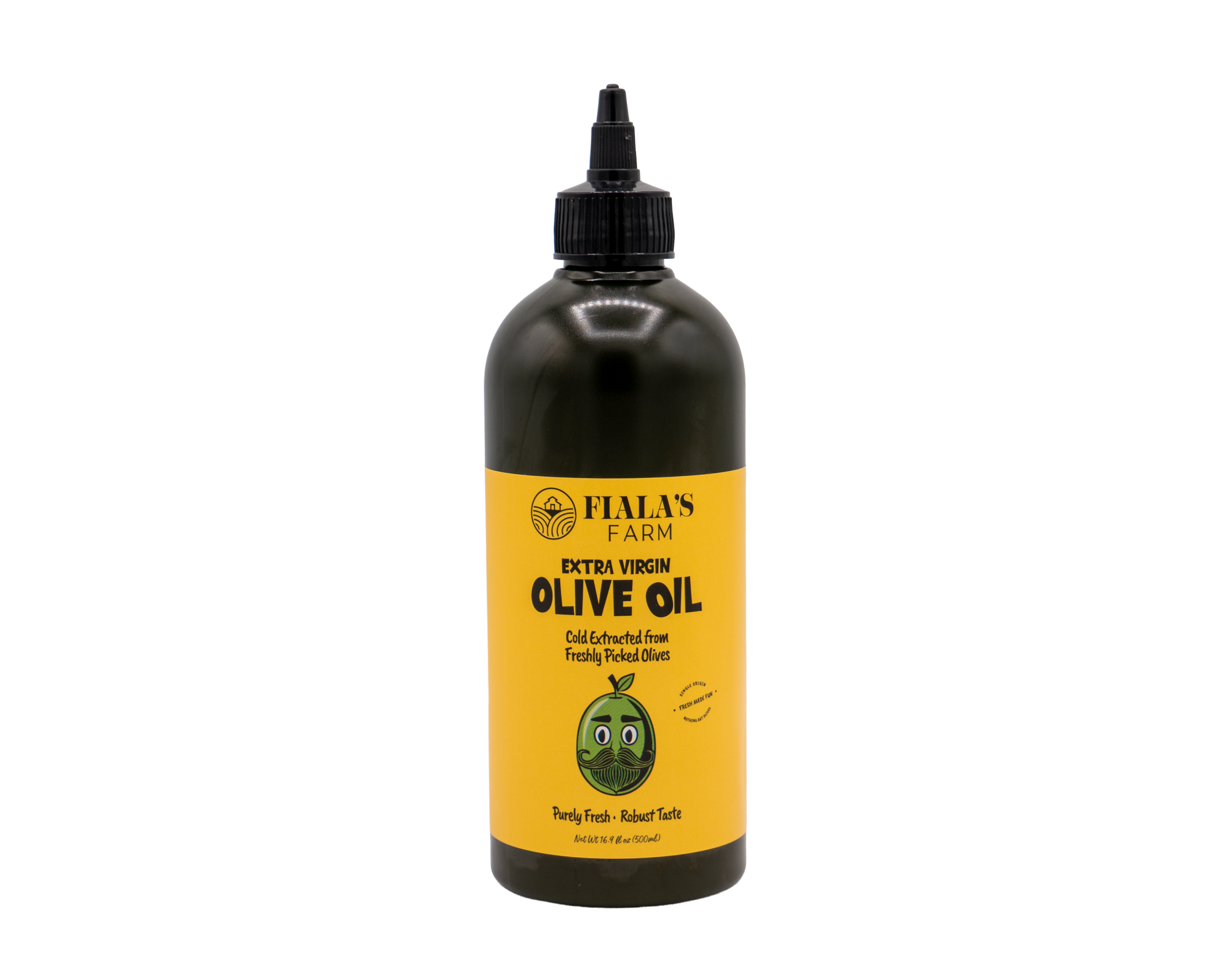 Fiala's Extra Virgin Olive Oil A black plastic squeeze bottle labeled "Fiala's Farm Extra Virgin Olive Oil" with a yellow label and cartoon olive illustration, set against a plain white background.