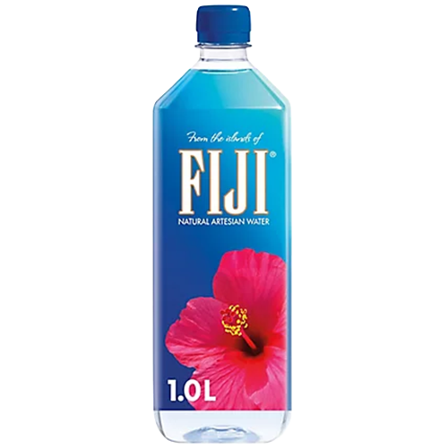 Fiji Transparent A 1-liter bottle of Fiji Natural Artesian Water with a blue label and a pink hibiscus flower design on the front.