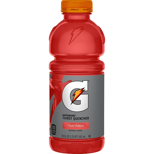 Fruit Punch Transparent A 20 fl oz bottle of Gatorade Thirst Quencher in Fruit Punch flavor with a red drink, orange cap, and gray label.