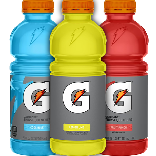 Gatorade Veriety Pack Three Gatorade bottles—Cool Blue, Lemon Lime, and Fruit Punch—are displayed side by side with their labels visible against a plain background.