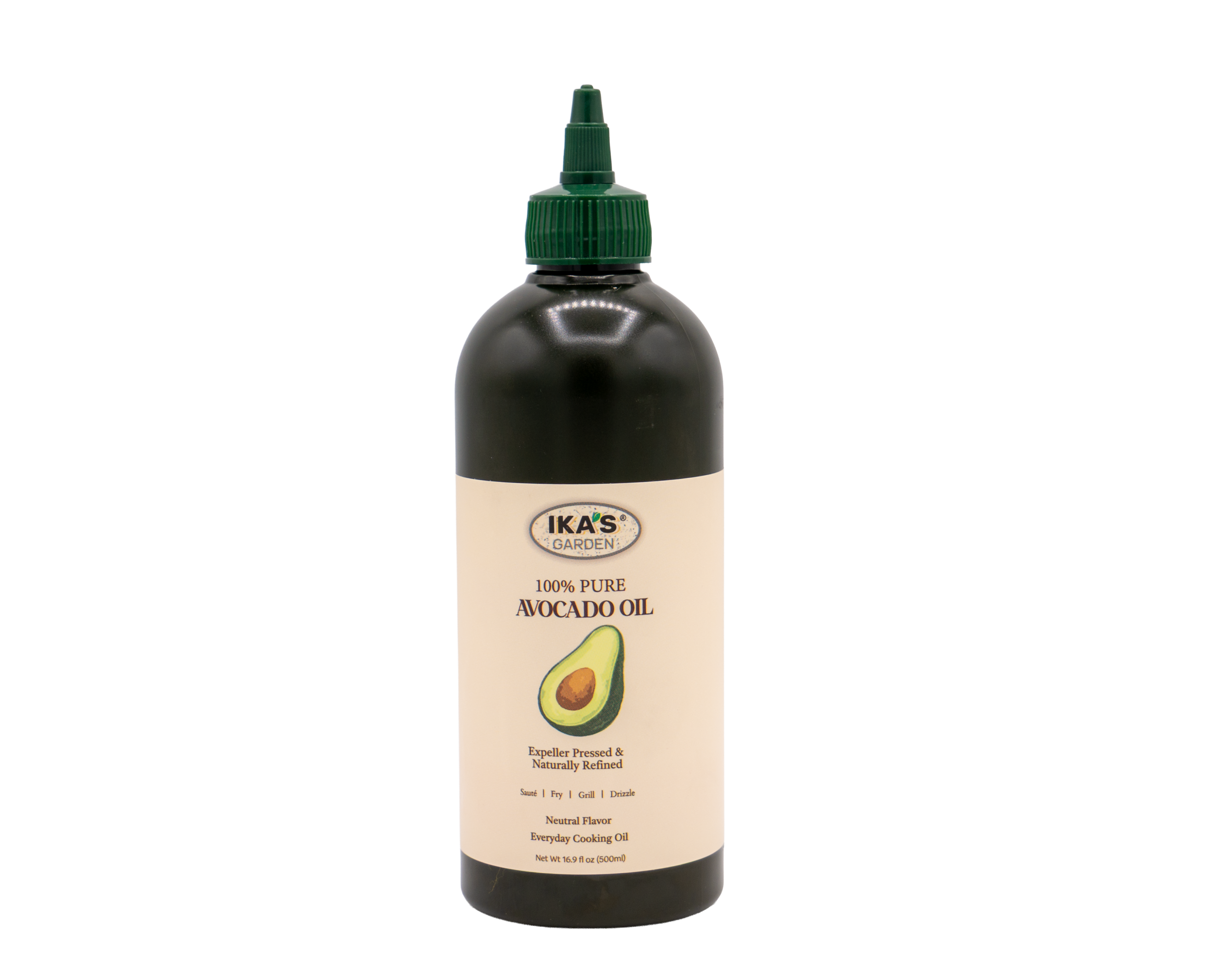 Ika's Avacodo Oil A bottle of Ika's Garden 100% Pure Avocado Oil with a green nozzle cap and a beige label featuring an avocado illustration.