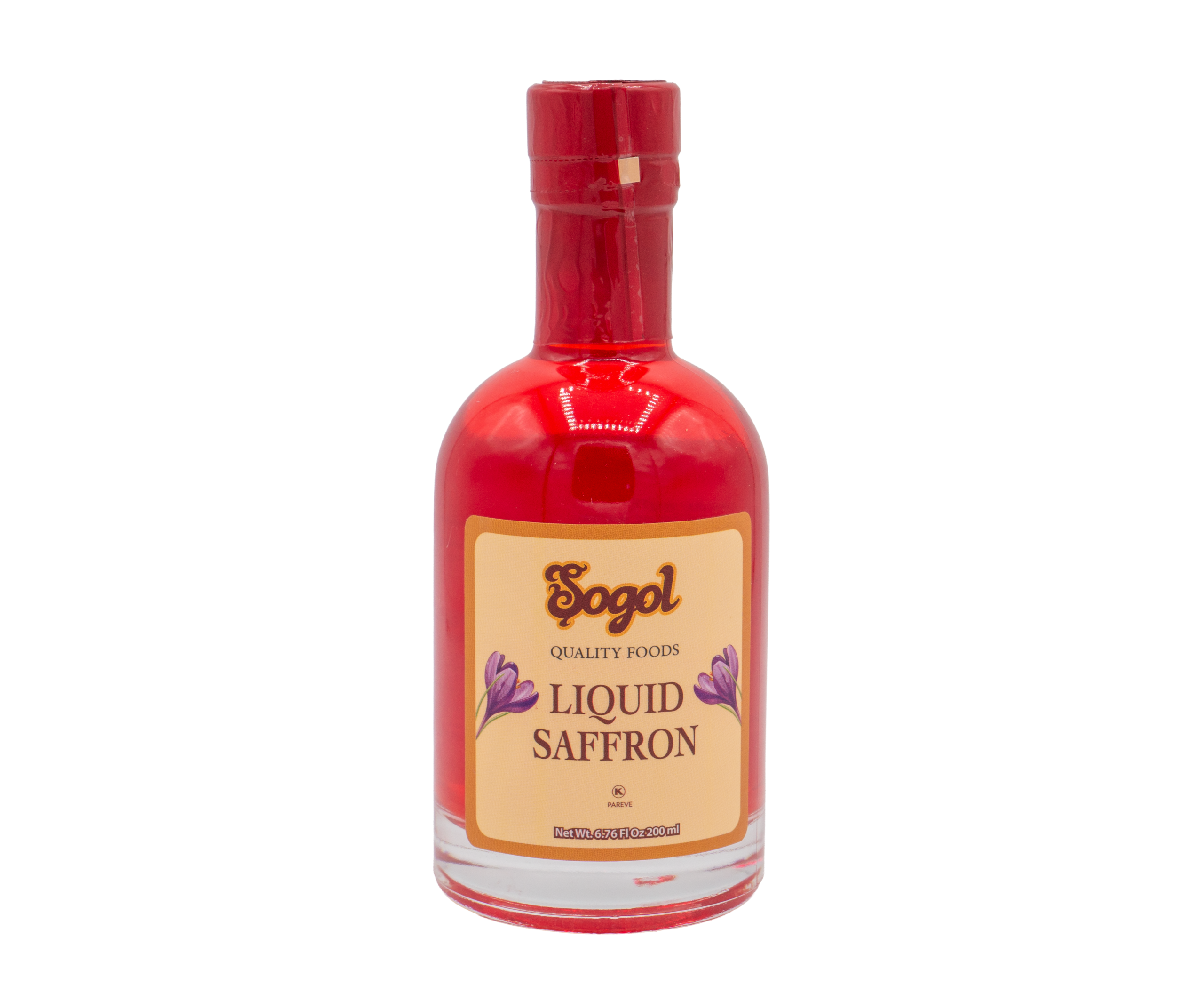 Liquid Saffron Transparent A clear glass bottle with a red cap containing Sogol brand liquid saffron, labeled "Quality Foods Liquid Saffron" with purple saffron flower illustrations.