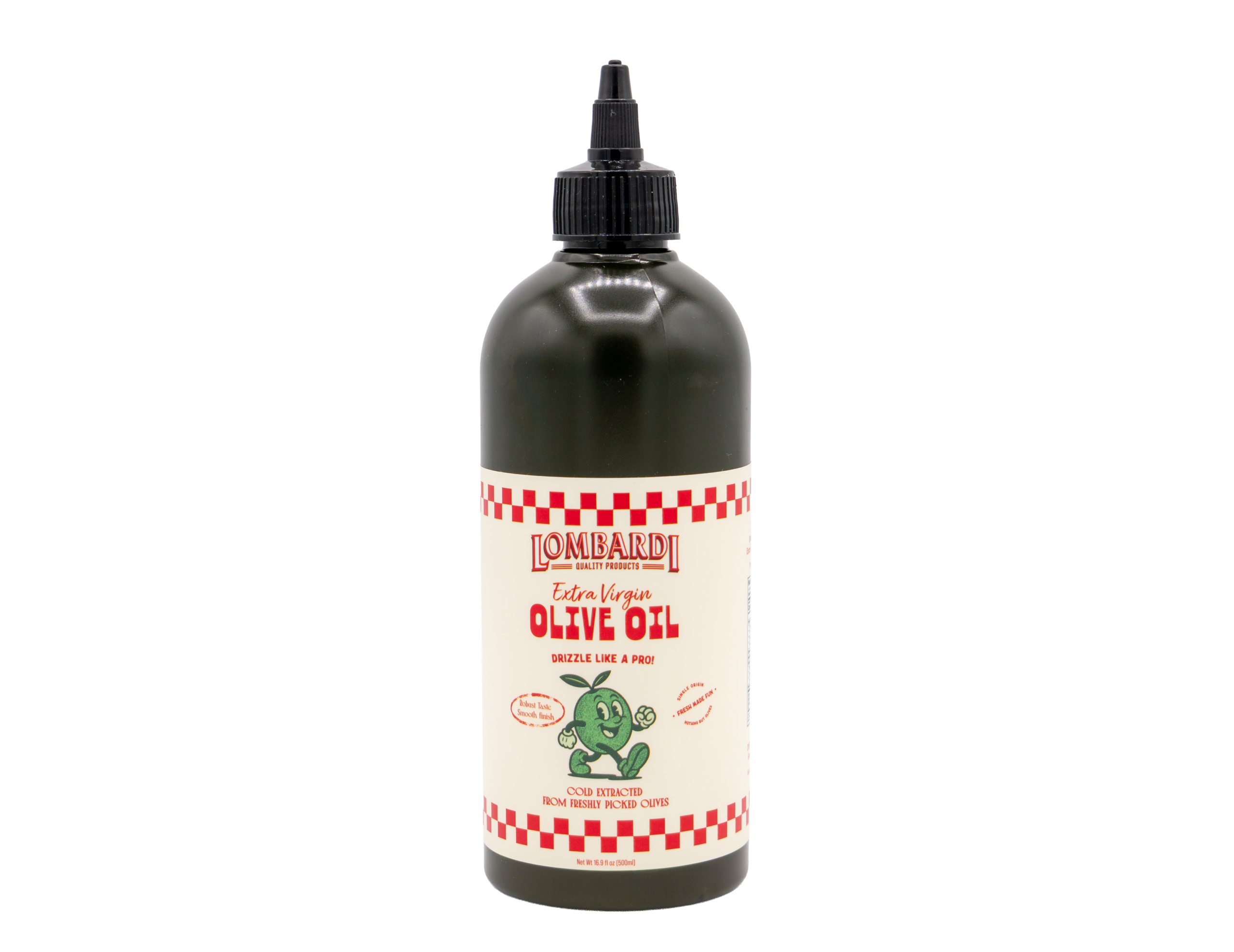 Lombardi's Extra Virgin Olive Oil A black squeeze bottle of Lombardi Extra Virgin Olive Oil with a red and white label featuring a cartoon olive.