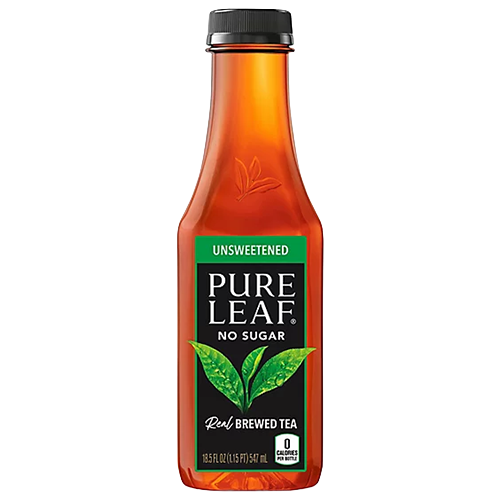 Pure Leaf Unsweet A bottle of Pure Leaf Unsweetened Real Brewed Tea with a black cap, green and black label, and no sugar, containing 18.5 fl oz.
