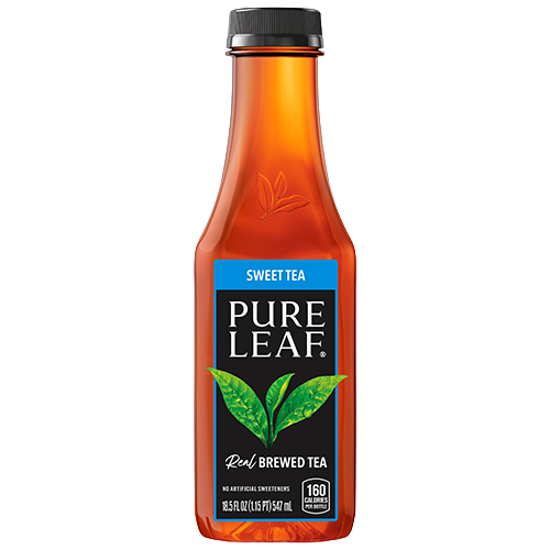 Pure Leaf sweet A bottle of Pure Leaf Sweet Tea with a black cap, amber-colored body, and blue label showing "Real Brewed Tea" and 160 calories per bottle.