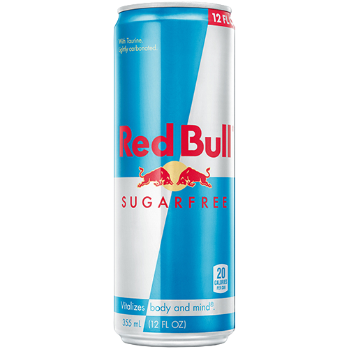 Red Bull Sugar Free Transparent A 12 fl oz can of Red Bull Sugarfree energy drink with blue and silver design, showing 20 calories per can and “Vitalizes body and mind” label.
