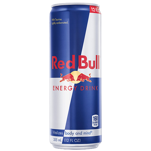Red Bull Transparent A 12 fl oz can of Red Bull energy drink with blue, silver, and red design, displaying the Red Bull logo, nutrition facts, and the phrase “Vitalizes body and mind.”.