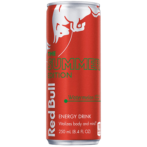 Red Bull Watermelon Transparent A 250mL can of Red Bull Summer Edition Watermelon energy drink with a red and silver design, shown on a plain background.
