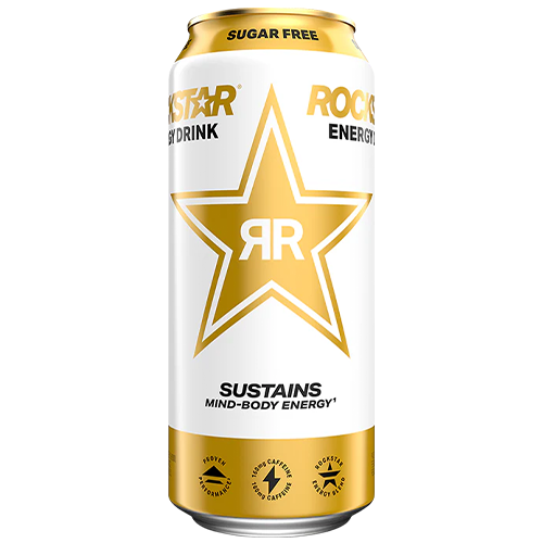 Rockstar Sugar Free Transparent A can of Rockstar Energy Drink, sugar free, with a gold and white design, large star logo, and "Sustains Mind-Body Energy" text on the front.
