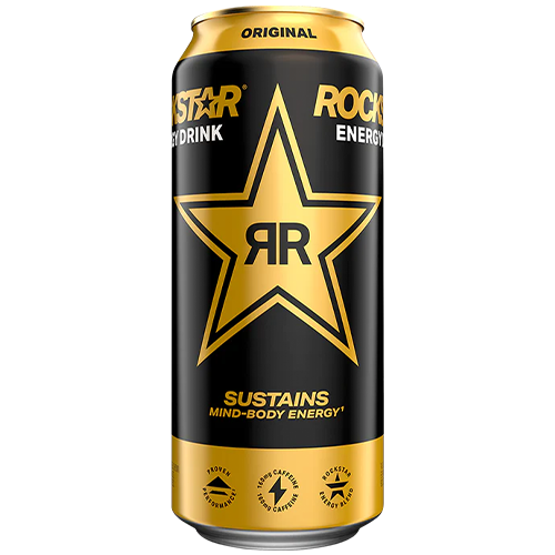 Rockstar Transparent A can of Rockstar Energy Drink Original featuring a large star logo and the words “Sustains Mind-Body Energy” on a gold and black background.