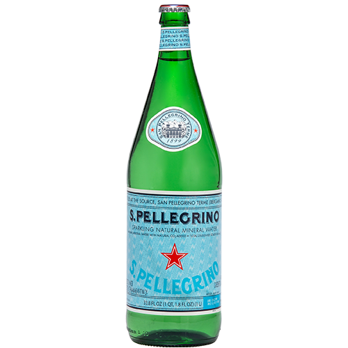 San Pel Transparent A 1-liter green glass bottle of S.Pellegrino sparkling natural mineral water with a blue label and red star logo on a plain white background.