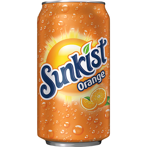 Sunkist Transparent An orange Sunkist soda can with a sun graphic, water droplets, brand logo, and images of orange slices on the front.