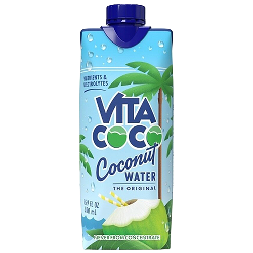 Vita Coco Transparent A 500ml Vita Coco Coconut Water carton with palm tree graphics, blue cap, and text reading "Never from concentrate" on the front.