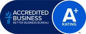 Better Business Bureau Accredited Business logo with an A+ rating displayed on a blue background.